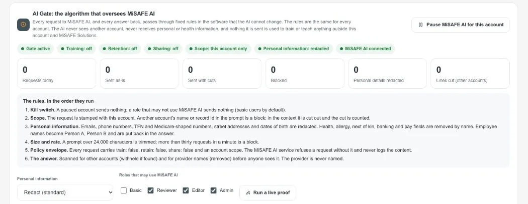 The AI Gate on the Security & Privacy page of the demo school account