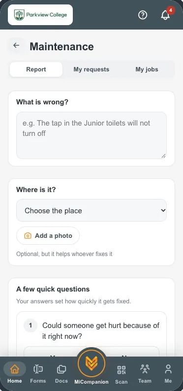 Reporting something broken from the app: three quick questions set the priority