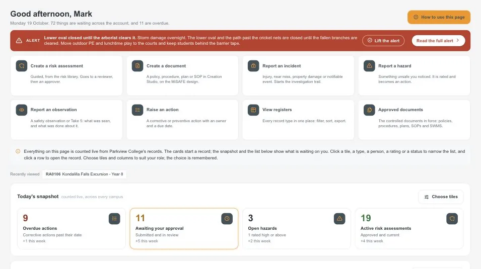 Home in the demo school account: what is waiting, the live alert, quick starts and Today’s snapshot