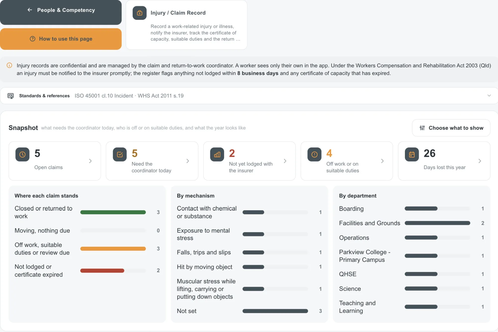 Injury & Claims, in the demo school account
