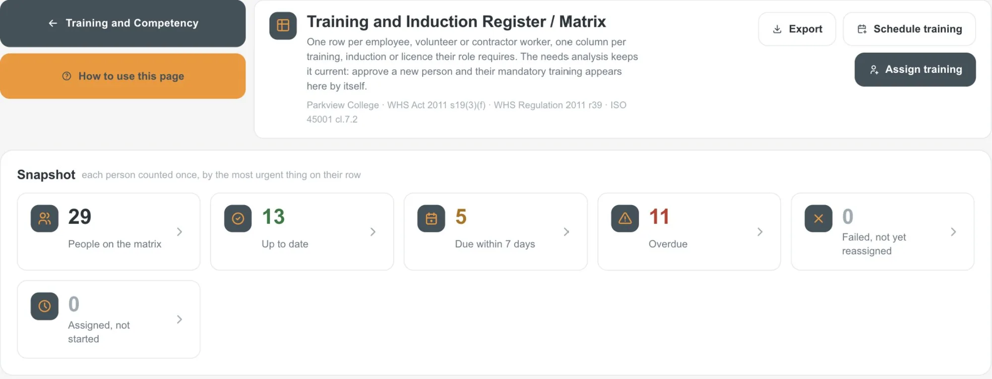 Training and Competency, in the demo school account