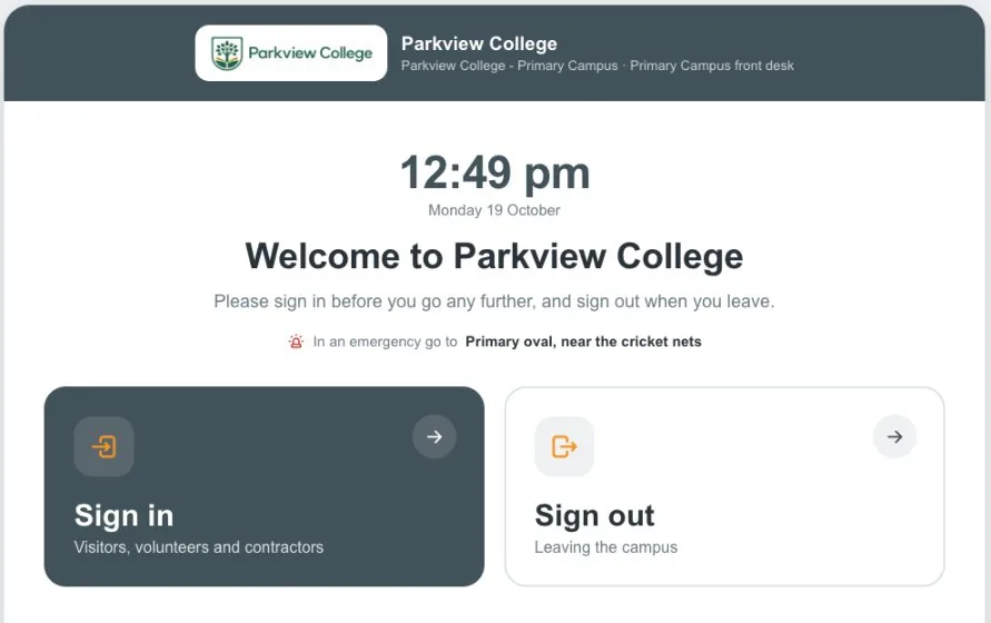 The sign-in kiosk at the primary campus front desk