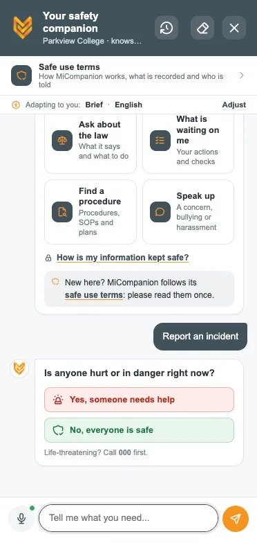 MiCompanion asks the safety question first, before an incident report starts