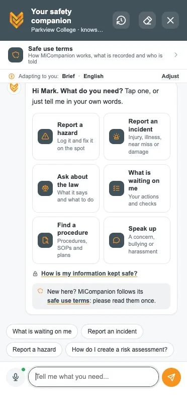 MiCompanion in the demo school account: tap a task or just say what you need