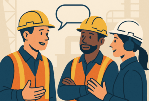 Workers wearing PPE having an informal safety chat on a worksite, symbolising real-time worker consultation and the role of casual conversations in strengthening QHSE culture and workplace safety.
