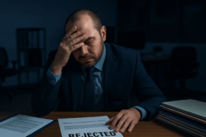 A stressed office worker in a suit holding his head while reviewing workers’ compensation paperwork, symbolising the frustration and administrative pressure associated with managing workplace injury claims.