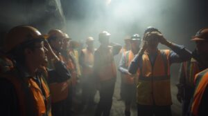A workplace illustration showing workers wearing respirators, gas monitoring equipment, warning symbols, and a distressed employee to depict the dangers of a carbon monoxide leak and the need for stronger safety controls.