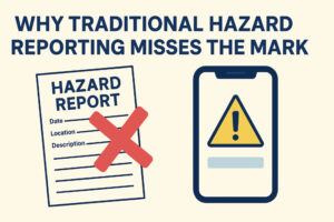 A comparison graphic showing a crossed-out paper hazard report beside a smartphone with a hazard warning, illustrating the shift from traditional reporting to digital QHSE tools.