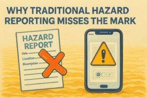 A comparison graphic showing a crossed-out paper hazard report beside a smartphone with a hazard warning, illustrating the shift from traditional reporting to digital QHSE tools.