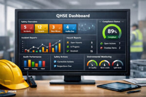 Modern QHSE technology dashboard displaying real-time safety metrics, compliance tracking, and performance insights