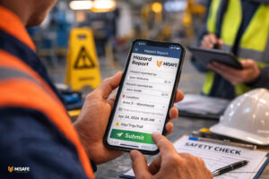 Workers using mobile devices with modern QHSE technology for instant hazard reporting and safety data submission