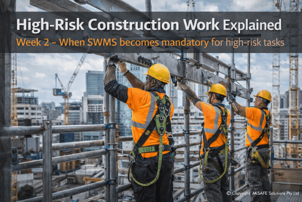 Australian workers on high-rise scaffold during high-risk construction work requiring SWMS