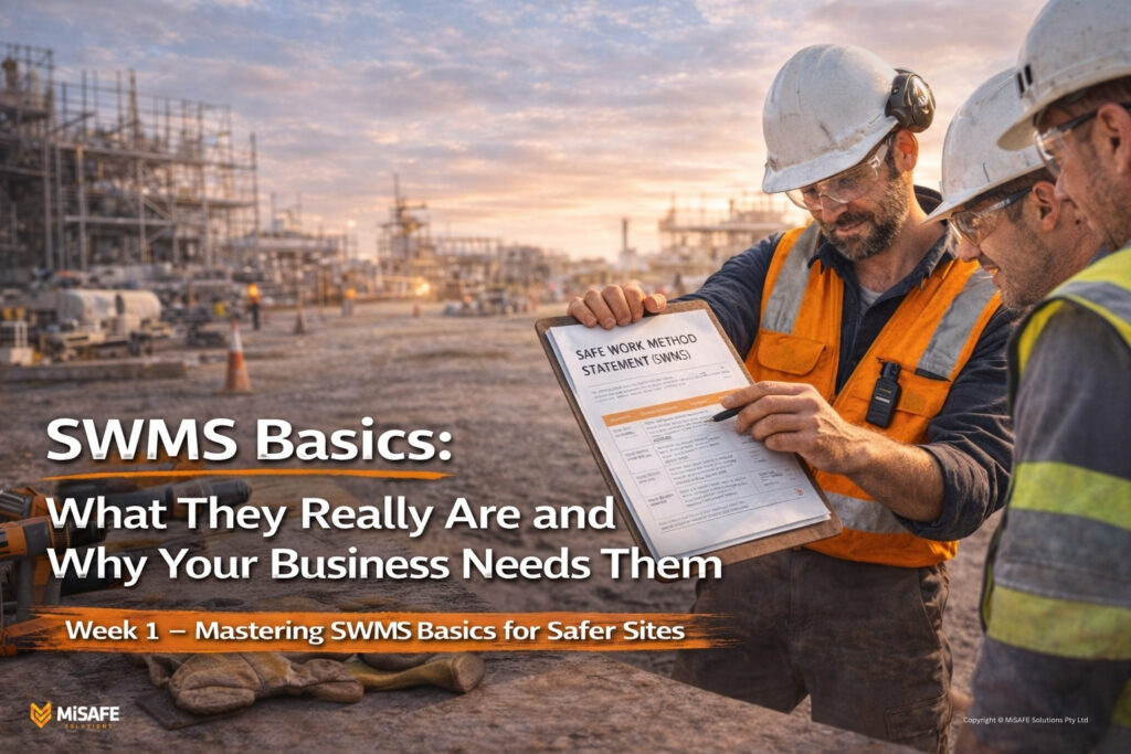 Australian tradies on construction site reviewing SWMS basics document with MiSAFE branding