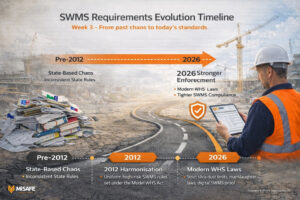 Timeline graphic showing the evolution of SWMS requirements from past state-based rules to modern harmonised Australian WHS laws