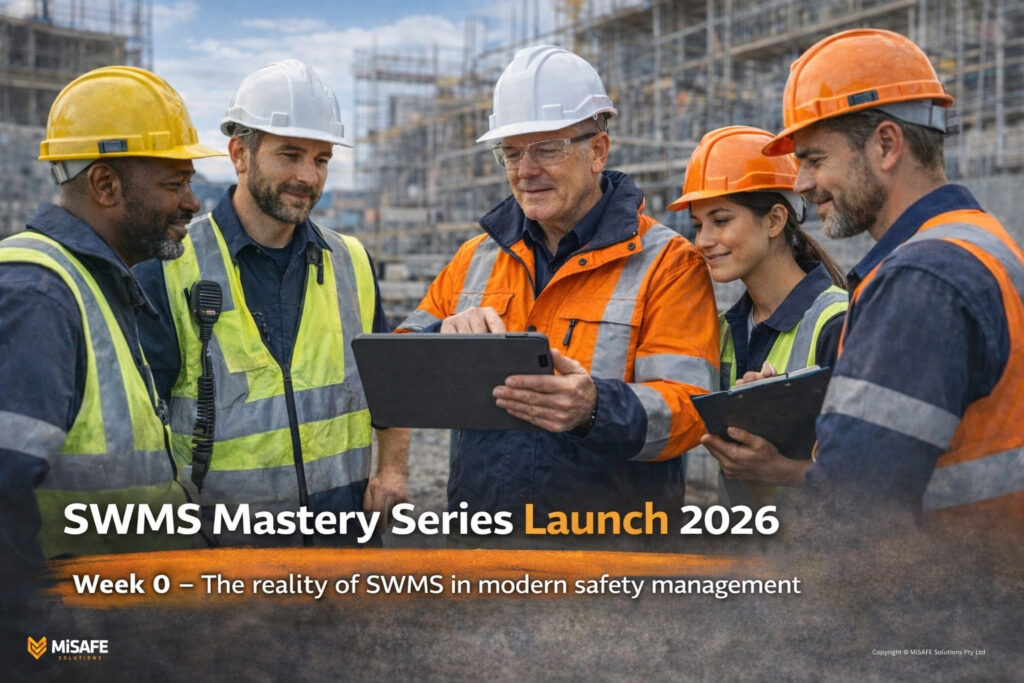 Australian construction professionals exploring the reality of SWMS in modern safety management on site with tablet and computer