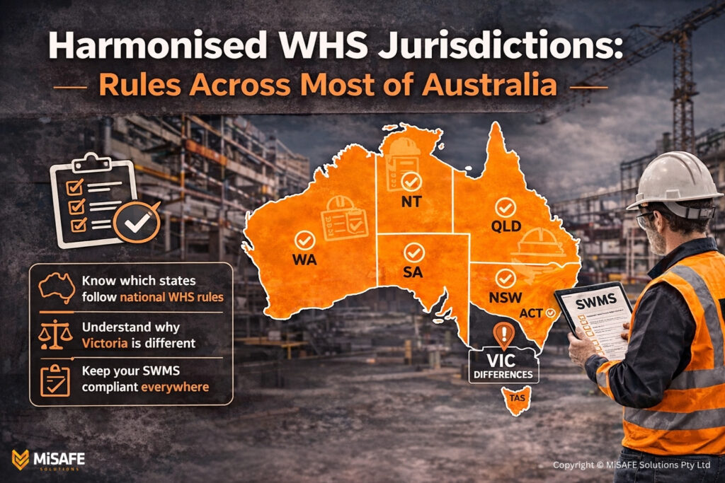 Australian map highlighting harmonised WHS jurisdictions with construction icons and SWMS documents
