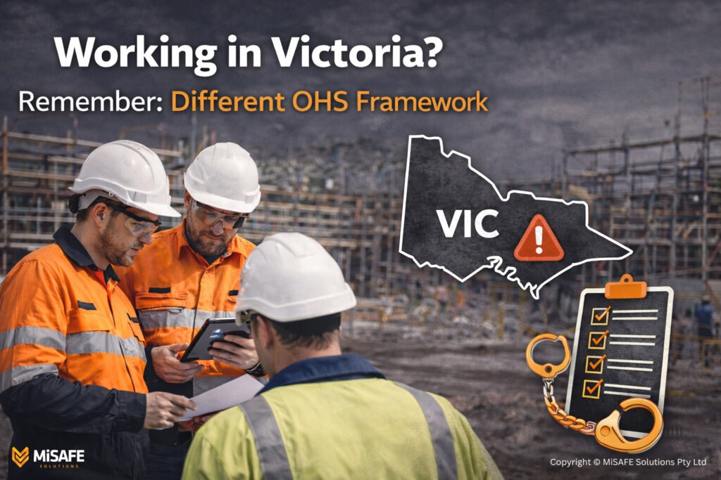 Map of Australia highlighting Victoria with construction site icons and SWMS documents