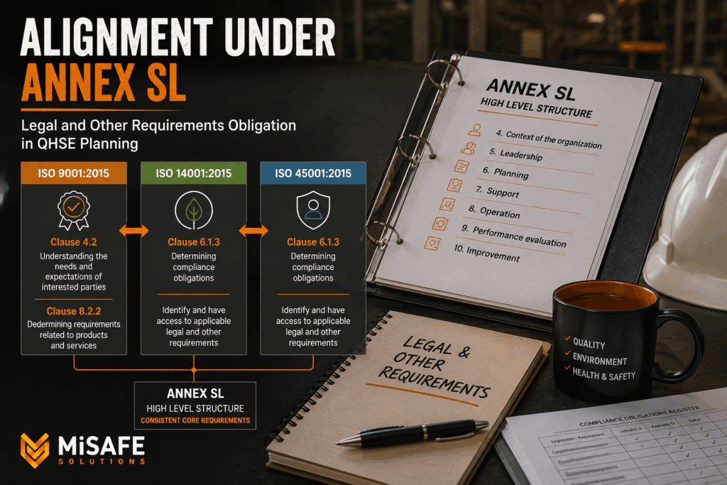 ISO 9001 14001 45001 Annex SL Clause 6.1.3 legal and other requirements diagram