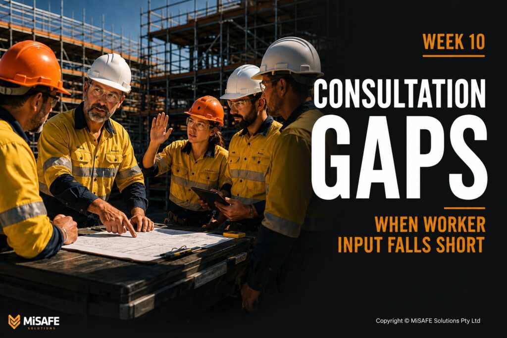 Australian construction crew gathered around a SWMS document during pre-start consultation