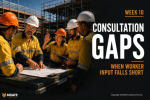 Australian construction crew gathered around a SWMS document during pre-start consultation