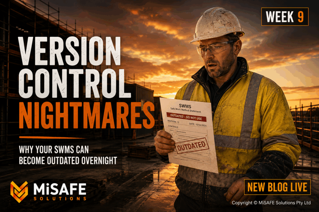 Australian construction supervisor comparing a printed SWMS against a newer digital version on a tablet