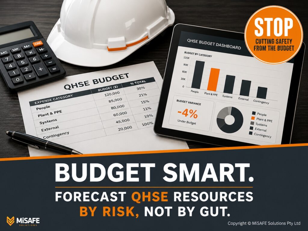 QHSE budget forecasting spreadsheet beside a hard hat and dashboard on a boardroom desk — IMS Mastery Series Week 23