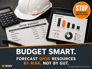 QHSE budget forecasting spreadsheet beside a hard hat and dashboard on a boardroom desk — IMS Mastery Series Week 23