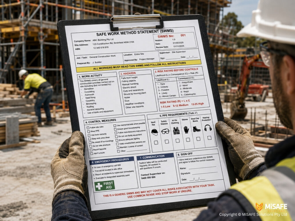 Construction supervisor holding a generic SWMS template against a busy Australian work site, with red marker corrections visible on the page.